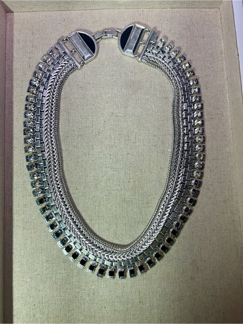 Stella & Dot silver Electra statement necklace with black, gray and clear stones